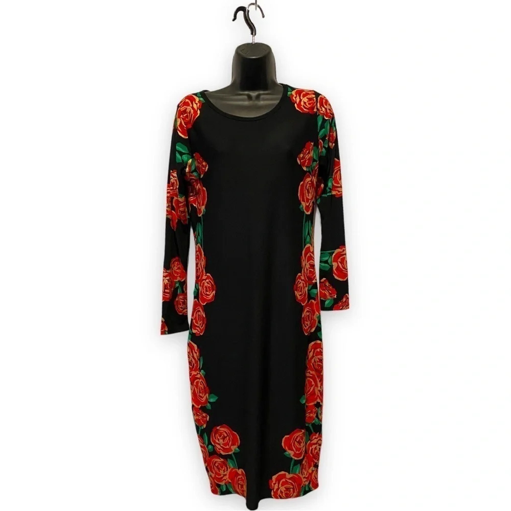 Lularoe Bodycon fitted dress below knee size small elegant red and gold roses
